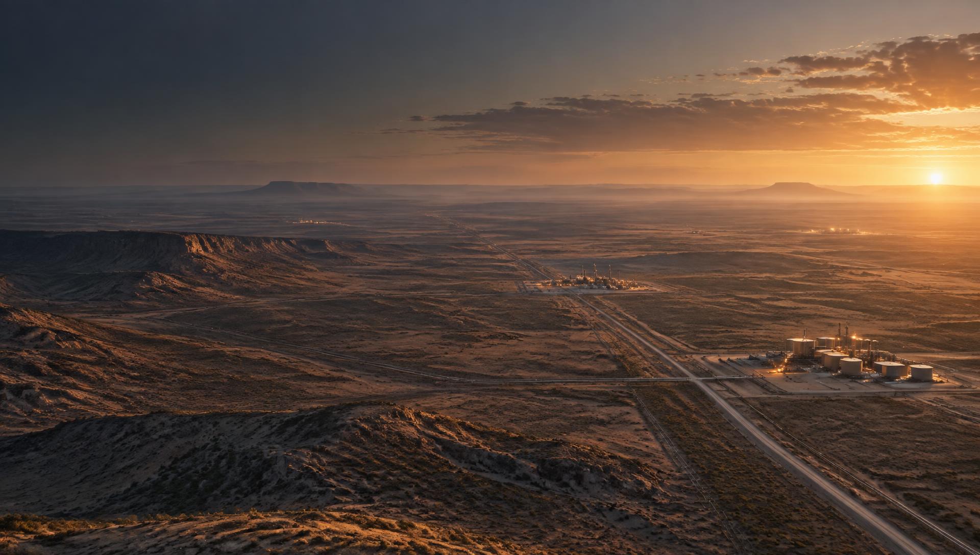 Remote energy infrastructure across a West Texas landscape at dawn